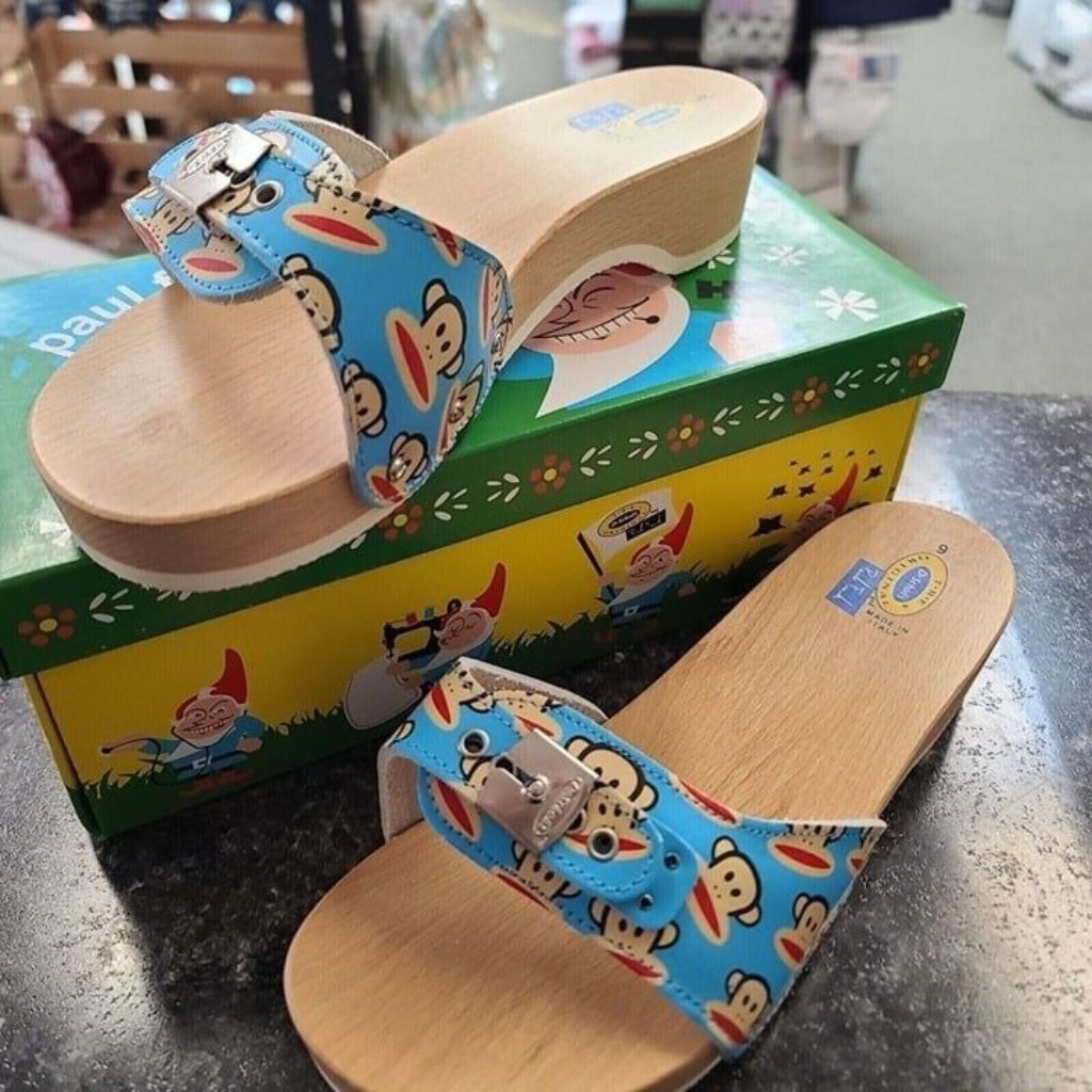 Vintage Dr. Scholls Limited Edition Paul Frank Sandals, Julius The Monkey, Blue